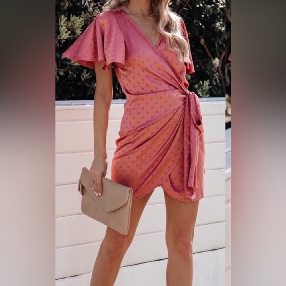 Vici Pink Satin Polka Dot Wrap Dress